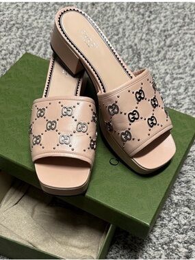 Gucci Blush Pink Studded GG Block Heel Slide Mules